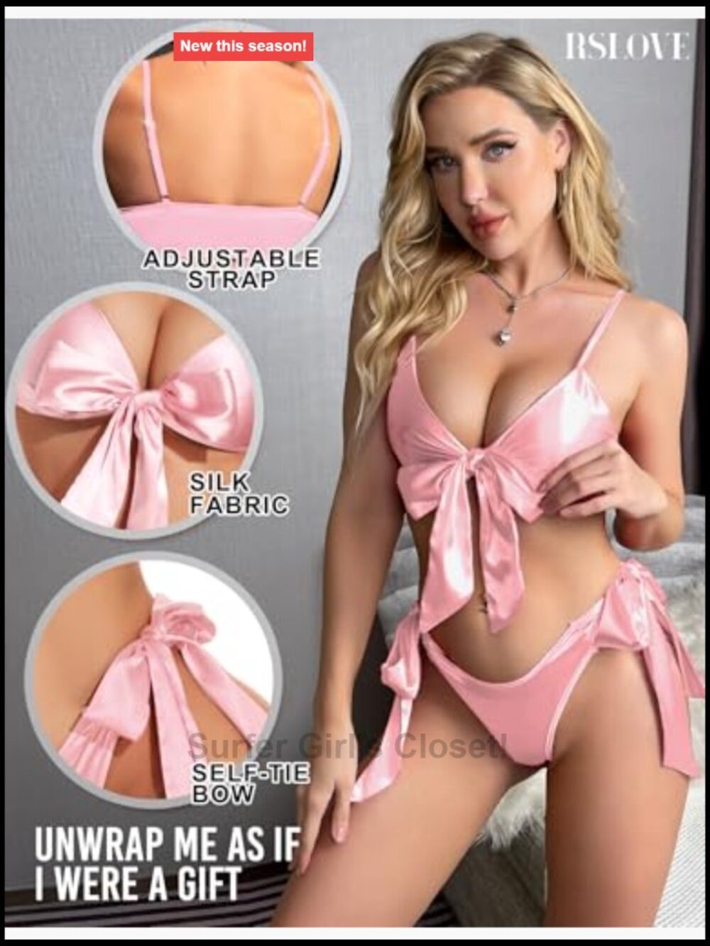 Satin Bow Tie Lingerie Set, 2 Piece Bra and Thong, Adjustable Straps, Pull On - Picture 3 of 7